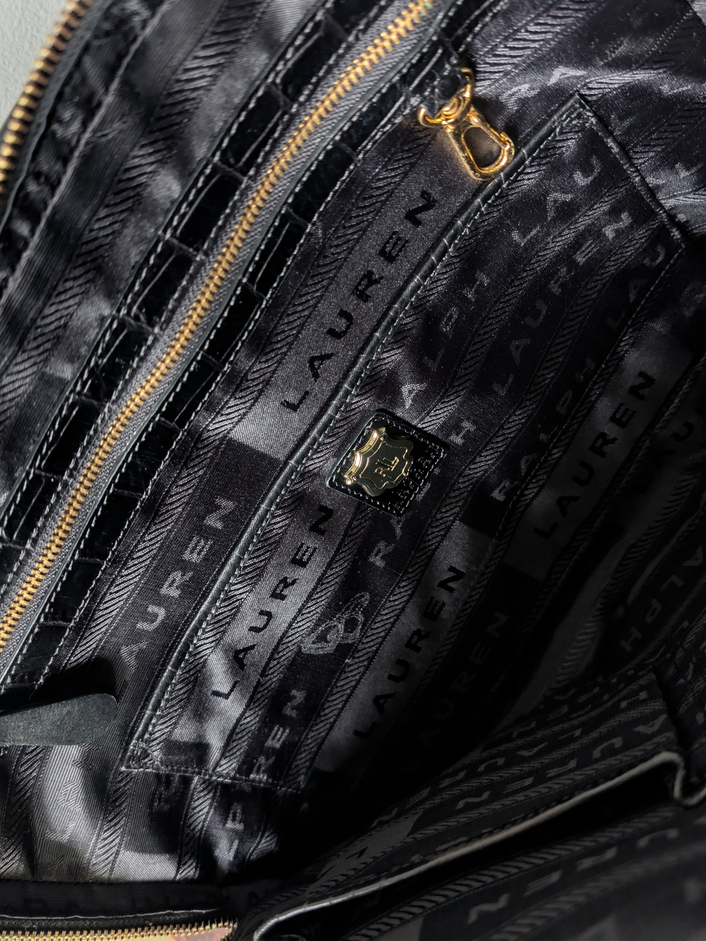 Lauren Ralph Lauren Black Embossed Croc Leather Double Zip Briefcase Tote Bag - Picture 3 of 8
